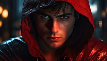 A man with an intense gaze peers directly into the camera, his face partially shadowed by a deep red hood. Raindrops blur the background, creating an atmospheric effect, adding mystery to his demeanor
