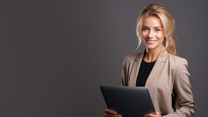 Smiling blonde businesswoman holding laptop computer - obrazy, fototapety, plakaty