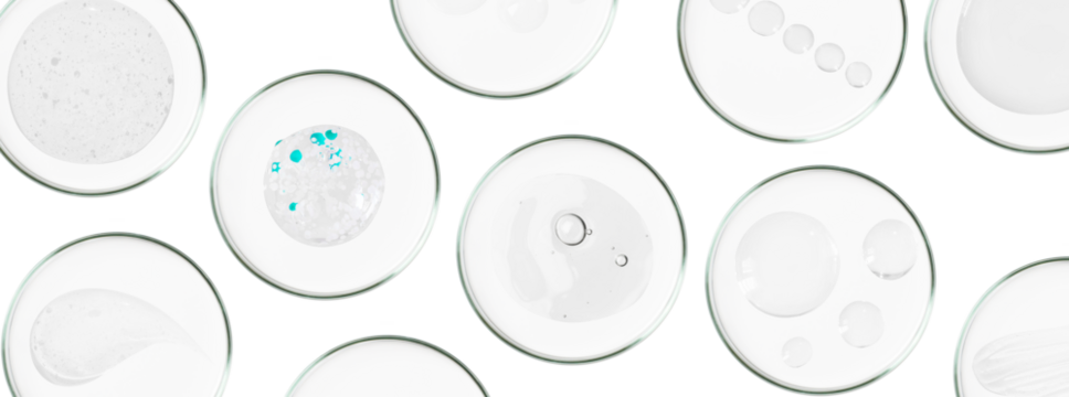 Rectangular banner with Petri dishes isolated. Smears of transparent gel, serum. Can be pasted on your background