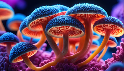 biotech electro luminescent fungus, abstract background with vibrant colors, Plants and Flowers concept, generative ai