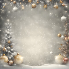 christmas background with balls and trees, christmas holiday season with snow, fir decorations 