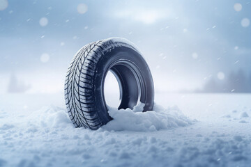 New winter car tire in a snowy field. Free space for product placement or advertising text.