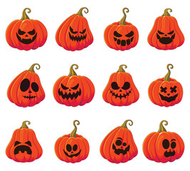 Halloween pumpkin set of 12 illustrations orange - angry happy spooky scary face expression
