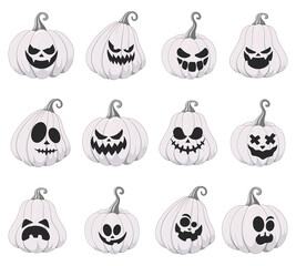 Halloween pumpkin set of 12 illustrations white - angry happy spooky scary face expression