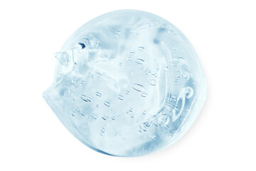A large smear or drop of a clear blue gel, serum. On an empty transparent background.