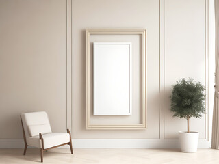 Frame mockup in contemporary minimalist beige room interior, 3d render