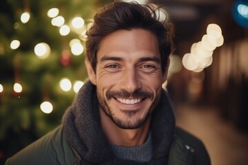 Portrait of handsome young man smiling in front of christmas tree - obrazy, fototapety, plakaty