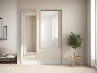 Frame mockup in contemporary minimalist beige room interior, 3d render