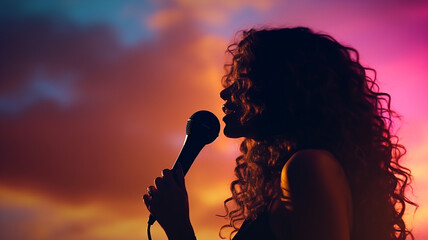 Side silhouette of a woman with long curly hair Holding a microphone and speaking, close - up,...