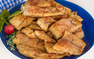 crispy fried fish pieces on a blue plate on dark background, tasty, healthy and satisfying plate.