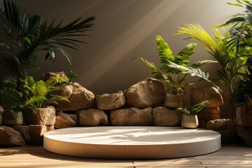 Podium maquette contre un mur de pierre beige, Scène pour vos produits