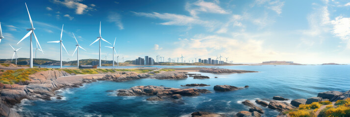 Wind turbines along the sea or ocean coast, alternative energy sources, green eco energy banner