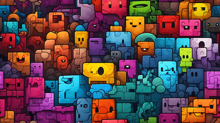 Fototapeta na wymiar Pixel gaming wall, cartoon style, multi color, colorful - Seamless tile. Endless and repeat print.