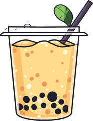 Cute outline cartoon of bubble tea, vector