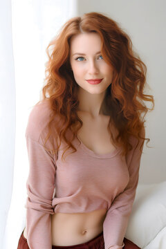 Fashion portrait of beautiful, sensual, ingenue, harmless, pleasant, young woman with red hair in a light room. Concept of inner beauty or natural look. Hairstyle or makeup model.