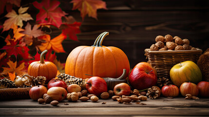Naklejka na ściany i meble Bright background with beautiful thanksgiving decorating. Pumpkins with fruits, flowers, vegetables and leaves.