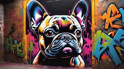 Poster French Bulldog Graffiti 3. Fun and funky image of a French bulldog with graffiti on the wall, perfect for use in a variety of contexts, including pet websites, fashion blogs, and social media posts. © Gbuhi