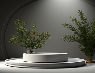 Un podium blanche circulaire et une plante verte sur un mur