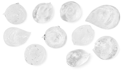 A set of smears and drops or drops of a transparent gel, serum. On an empty transparent background.