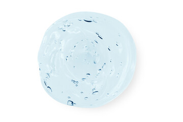 A large smear or drop of a clear blue gel, serum. On an empty transparent background.