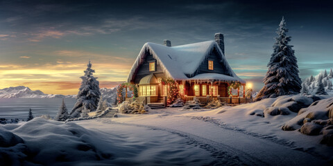 Fototapeta premium In the Christmas season a winter landscape sets an Advent mood embracing joy and wonder at the Christmas market wallpaper Background Card Digital Art