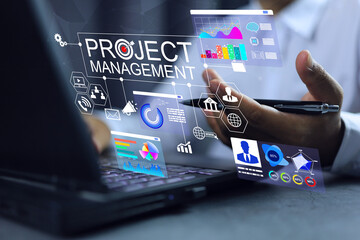 Project management concept manager working on laptop to contact with internal external department search new idea development. Including budget control of available resources for maximum efficiency. - obrazy, fototapety, plakaty