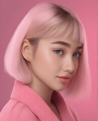 Close-Up Portrait of a Vibrant, Attractive Girl with Pink Hair on a Pastel Pink Background. generative AI