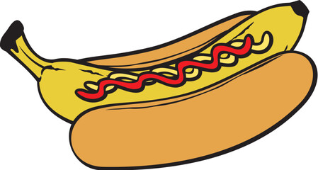 Banana Hot Dog Color. Vector Illustration.