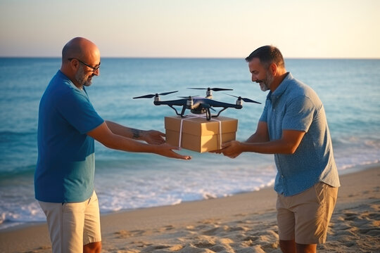 Two men received the box via a delivery drone on the beach.
