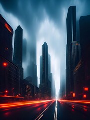 Fototapeta na wymiar Futuristic Big City backbround In Heavy Rain Cinematic Atmosphere generative ai Illustration art