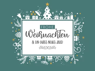 Fotobehang Weihnachtsgrüße mit Weihnachtsmotiv und deutschem Text auf Türkisfarbenem Hintergrund © Trueffelpix