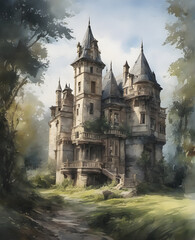 Obraz premium Enchanted and Eerie: Watercolor Old Abandoned Haunted Castle. generative AI