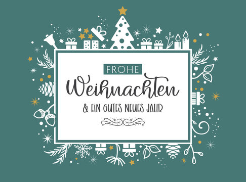 Weihnachtsgr&uuml;&szlig;e mit Weihnachtsmotiv und deutschem Text auf T&uuml;rkisfarbenem Hintergrund