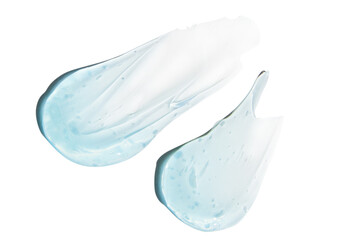 Composition of smears and drops or drops of a transparent blue gel, serum. On an empty transparent background.
