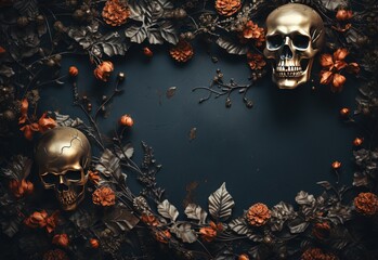 composition_for_halloween_with_leaves_skull 2 - obrazy, fototapety, plakaty