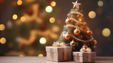 Golden Christmas tree with snow covered and tree ornaments and gift boxes.