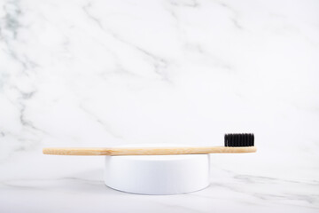 Eco toothbrush in the bathroom, organic dental care tool, Zero waste, eco friendly