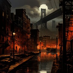 city 1920s, night, darkness, raised bridge - obrazy, fototapety, plakaty