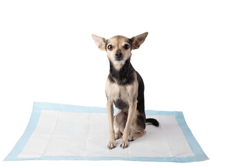 dog napkin isolated, cute toy terrier sitting on a diaper, pet toilet © yta