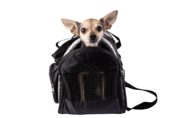 dog carrier, travel bag for small animals, cute pet sitting in airplane crate isolated
