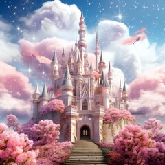 Fairytale castle in pink colors - obrazy, fototapety, plakaty