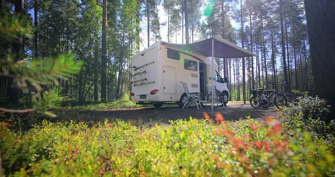 Family vacation travel RV, holiday trip in motorhome, Caravan car Vacation.