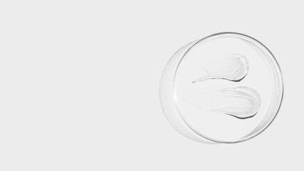 Petri dish on a light background, transparent gel smears. Empty place