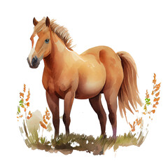 Watercolor painting of a brown horse in the meadow on transparent background PNG