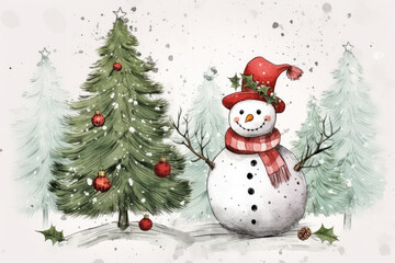 Merry christmas and happy new year greeting card with Happy snowman standing in christmas landscape, pine tree, pine leaf. Snow background.