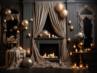 A large beautiful room decorated with gifts for Christmas. Holidays.