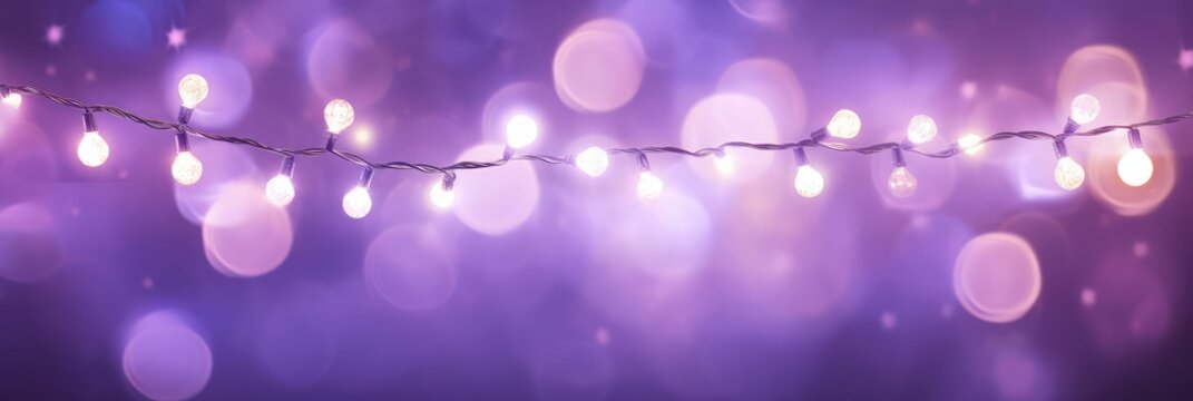 Holiday illumination and decoration concept - christmas garland bokeh lights over purple shaded background banner, stars, baubles and decoration for x-mas