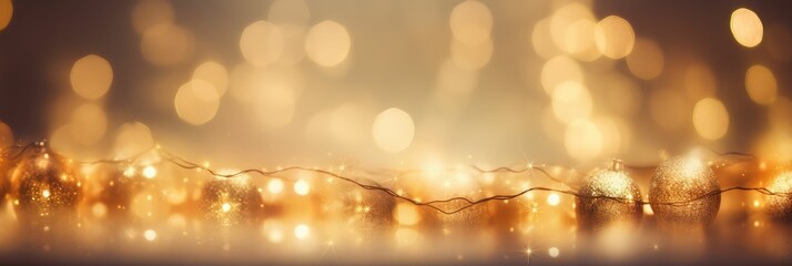 Holiday illumination and decoration concept - christmas garland bokeh lights over yellow or golden shaded background banner, stars, baubles and decoration for x-mas