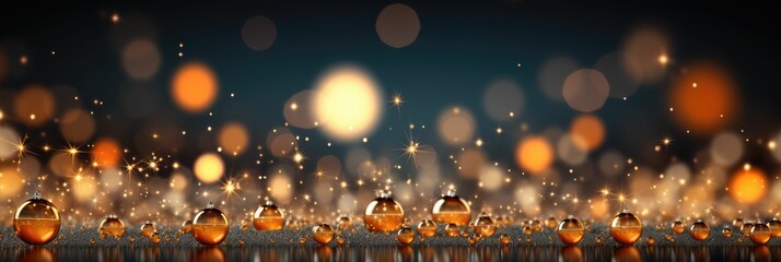 Holiday illumination and decoration concept - christmas orange baubles bokeh lights over blue background banner, stars, baubles and decoration for x-mas