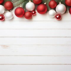 Christmas composition. For gifts, tree branches, red and white Christmas balls on white background, decorations on white board. Christmas, winter, new year concept. Flat lay, top view, copy space